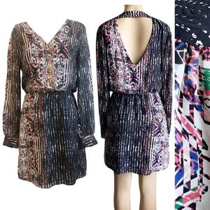 Parker Silk Geometric Pink Surplice Wrap Pattern Long Sleeve Rainbow Mini Dress